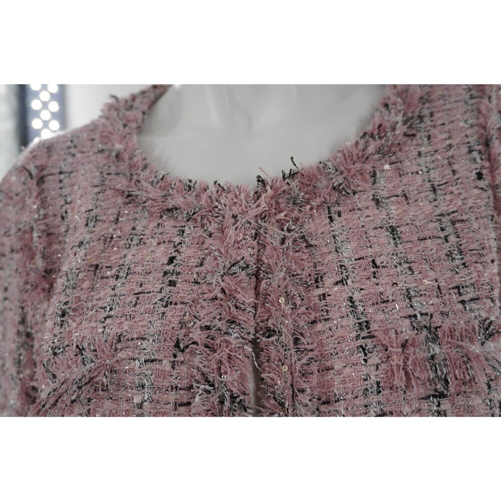 Ebossy Women's Size XL Elegant Open Front Round Neck Fringed Plaid Tweed Jacket - Picture 5 of 8